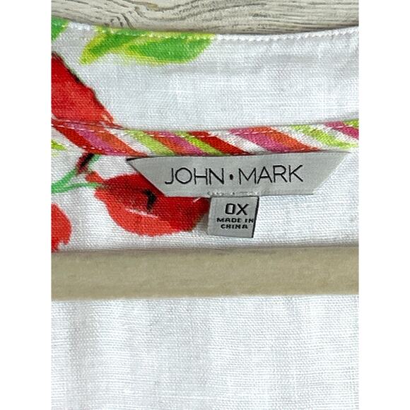 John Mark Womens plus 0X white linen floral tunic top blouse new roll cuff shirt - Picture 4 of 7